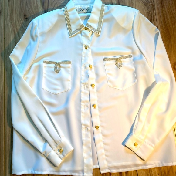KATHY CHO- White with Gold Ranch Detail Buttondown - Picture 1 of 3